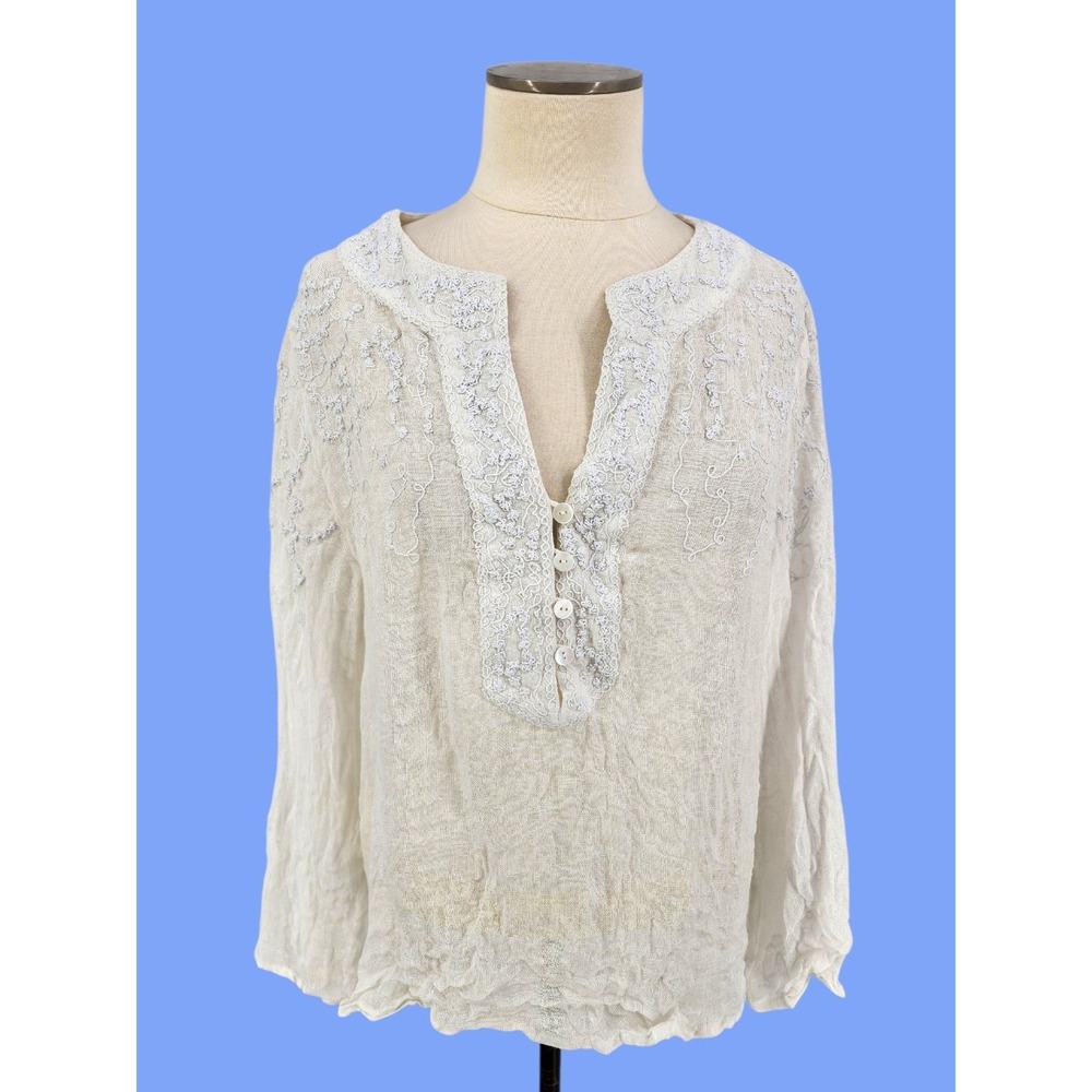 Worth 100% Linen Peasant Top Boho Coastal Sheer Beach Popover Embroidered Large